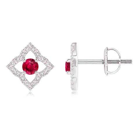 925 Sterling Ruby Pink Cz Round-Cut Star-Shaped Halo Stud Earrings For Women : ER-0045-RBY-WG