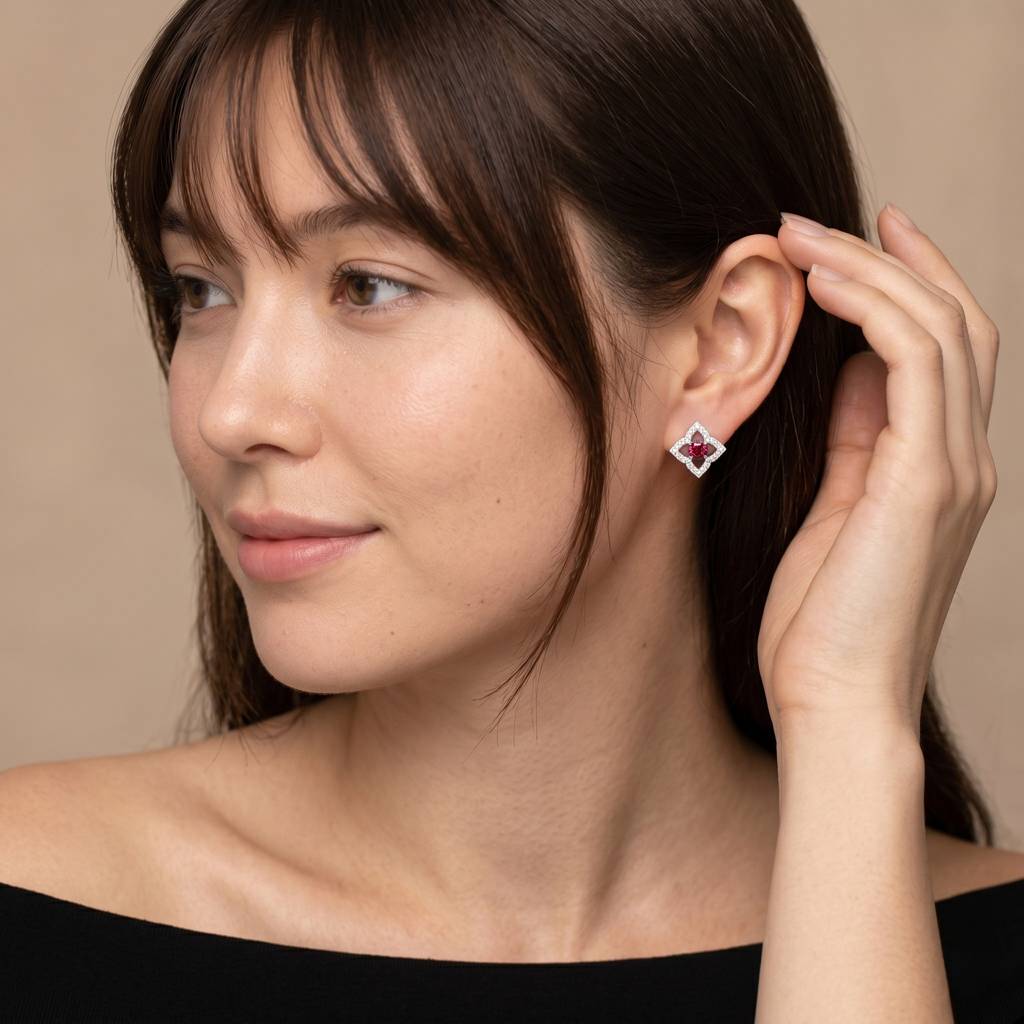925 Sterling Ruby Pink Cz Round-Cut Star-Shaped Halo Stud Earrings For Women : ER-0045-RBY-WG