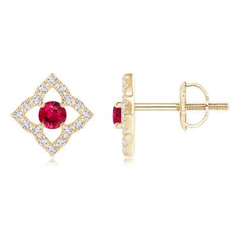 925 Sterling Ruby Pink Cz Round-Cut Star-Shaped Halo Stud Earrings For Women : ER-0045-RBY-YG