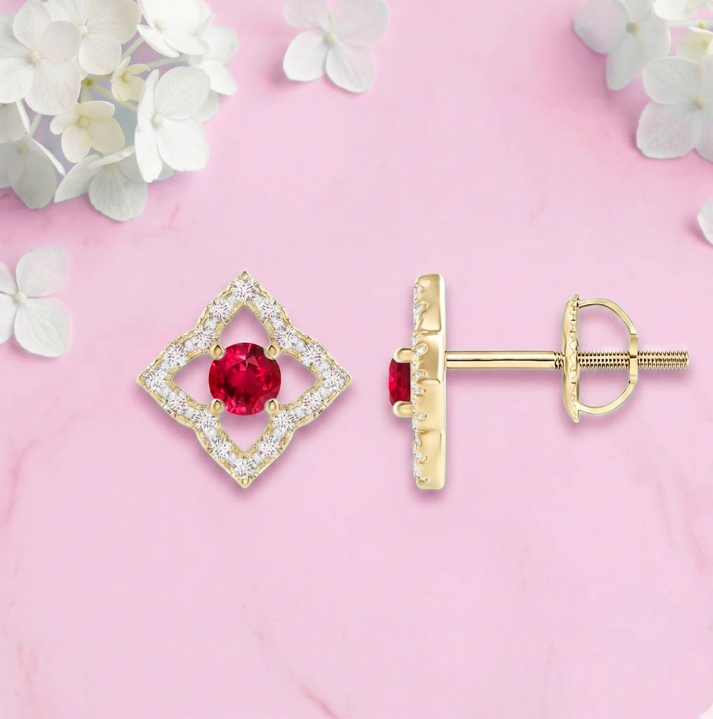 925 Sterling Ruby Pink Cz Round-Cut Star-Shaped Halo Stud Earrings For Women : ER-0045-RBY-YG