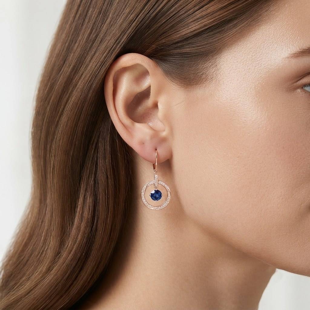 925 Sterling Blue Sapphire Blue Cz Round-Cut Orbit Circle Halo Dangle Earrings For Women : ER-0088-BSP-RG