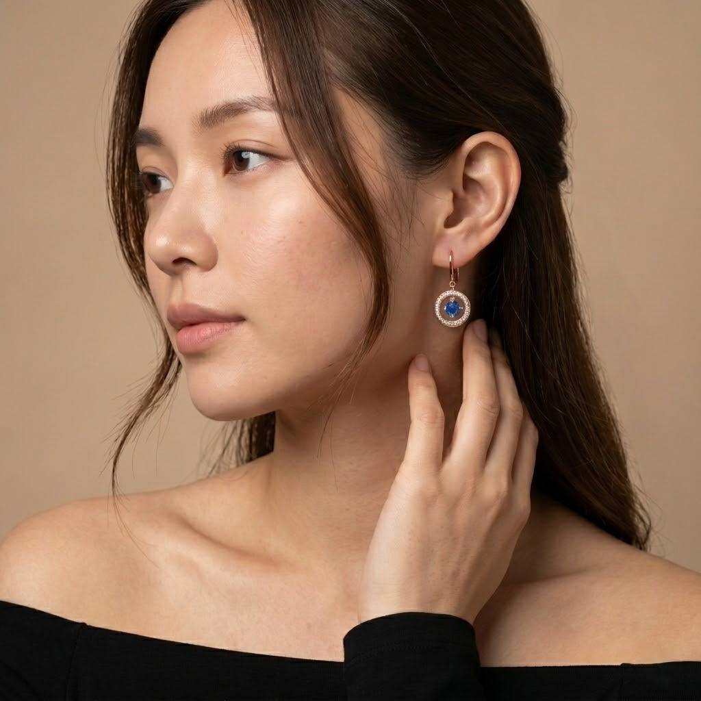 925 Sterling Blue Sapphire Blue Cz Round-Cut Orbit Circle Halo Dangle Earrings For Women : ER-0088-BSP-RG