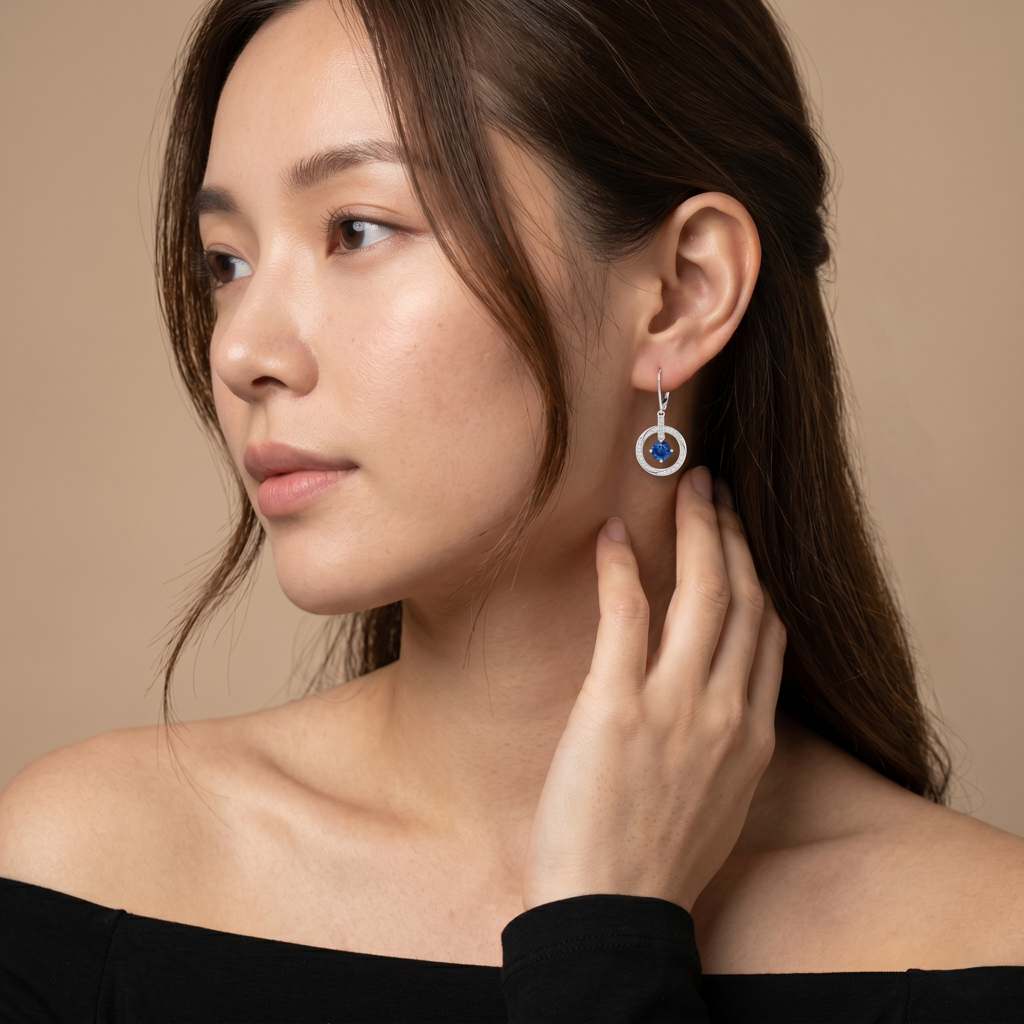 925 Sterling Blue Sapphire Blue Cz Round-Cut Orbit Circle Halo Dangle Earrings For Women : ER-0088-BSP-WG
