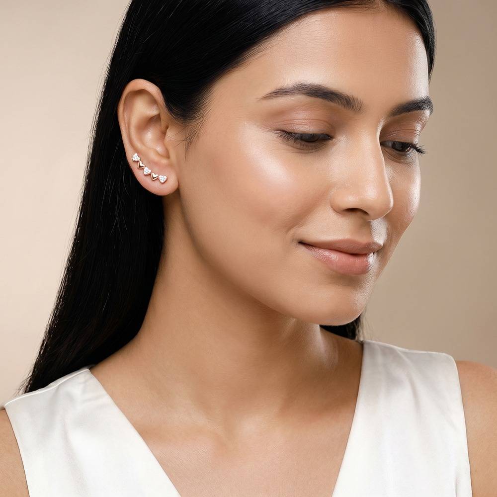 925 Silver Rose Gold Alterna Heart Climber Earrings|Studs To Gift Women & Girls | With Certificate Of Authenticity A : ER03650