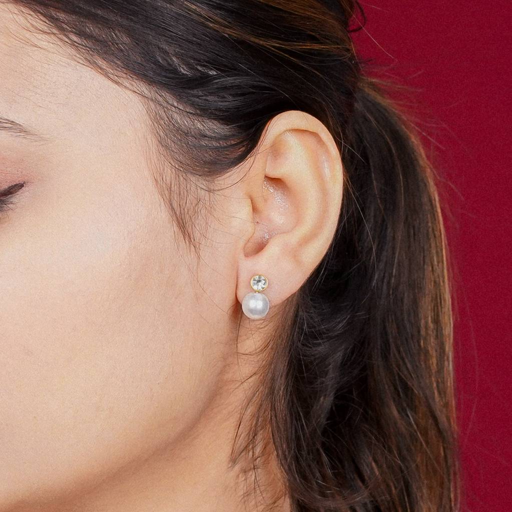 Pearl Drop Stud Earrings With Zircon Accent : ER86