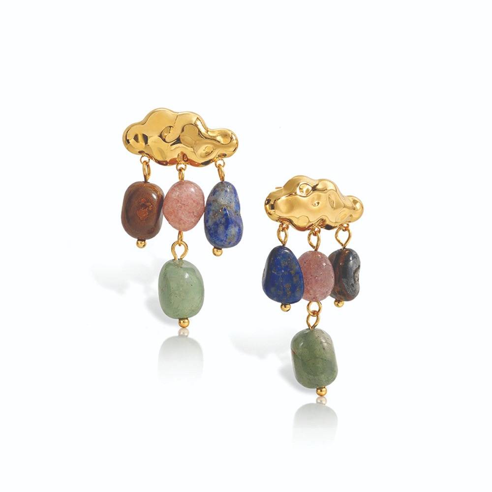 Women Gold-Toned Multi-Stone Beaded Drop Statement Earrings - 18K Gold Plated : 100551