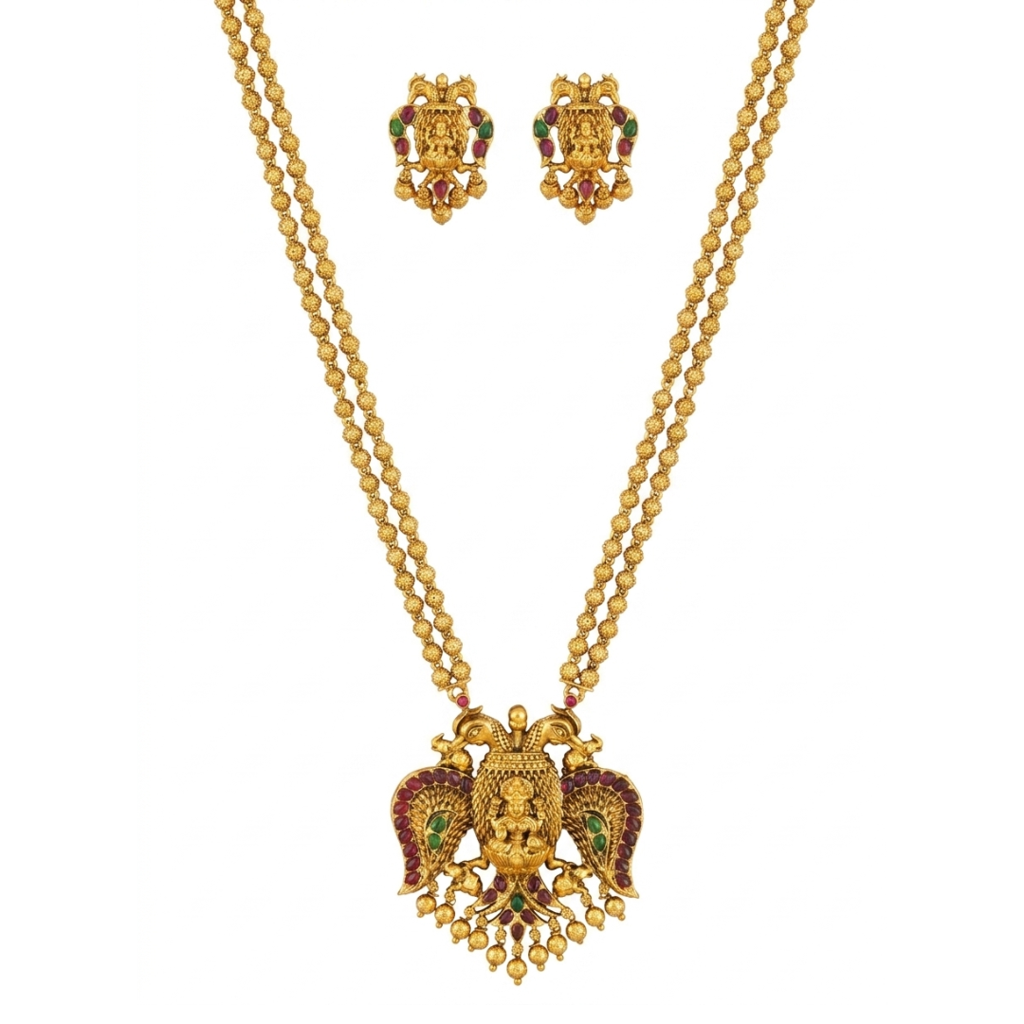 Gandaberunda Temple Necklace Set – Antique South Indian Design : T-44