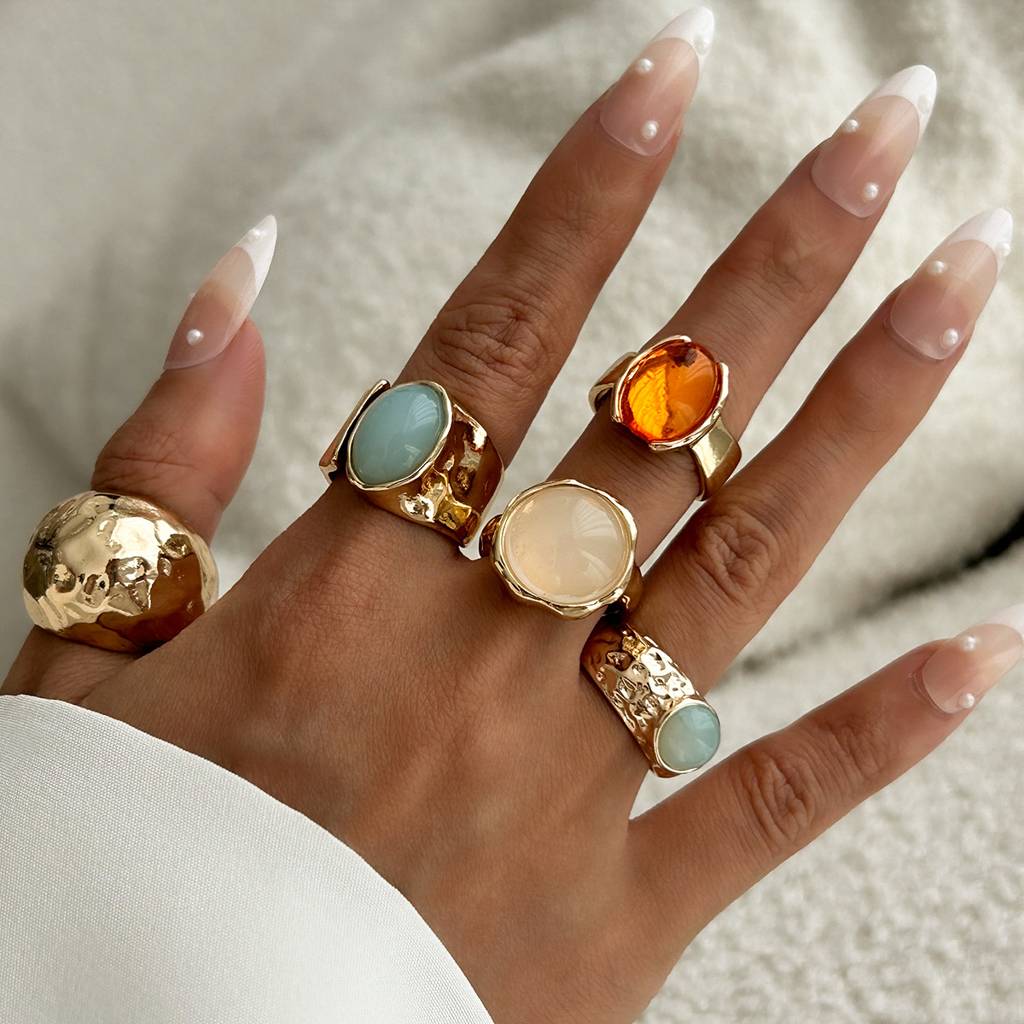 Gold Anti-Tarnish Multicolor Gemstone Hammered Statement Stack Rings(Set Of 5) : ADN0525R803