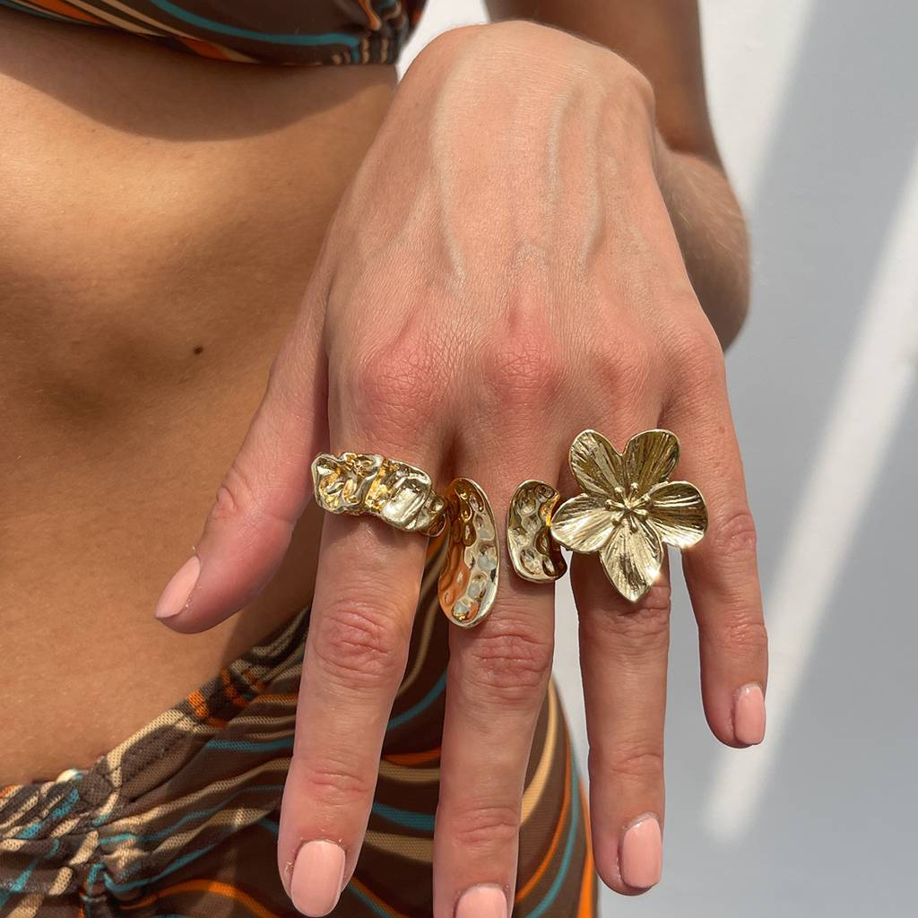 Gold Anti-Tranish Boho Textured Floral & Abstract Statement Stack Ring(Set Of 3) : ADN0525R130