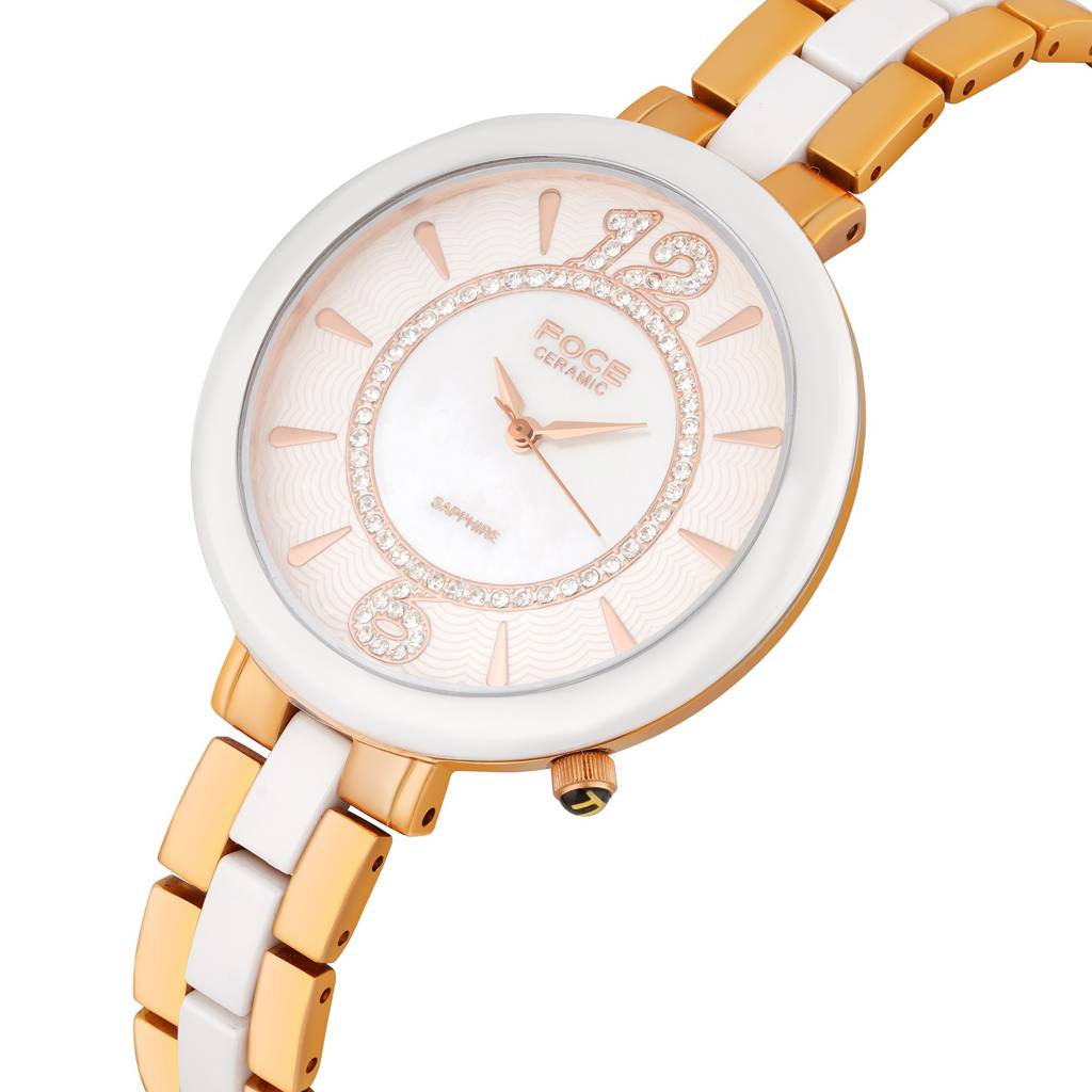 Women'S Premium Round Analog Ceramic Watch With Sapphire Crystal, Ultra-Thin, White Diamond-Studded Dial, Model : F378LRMWHITE