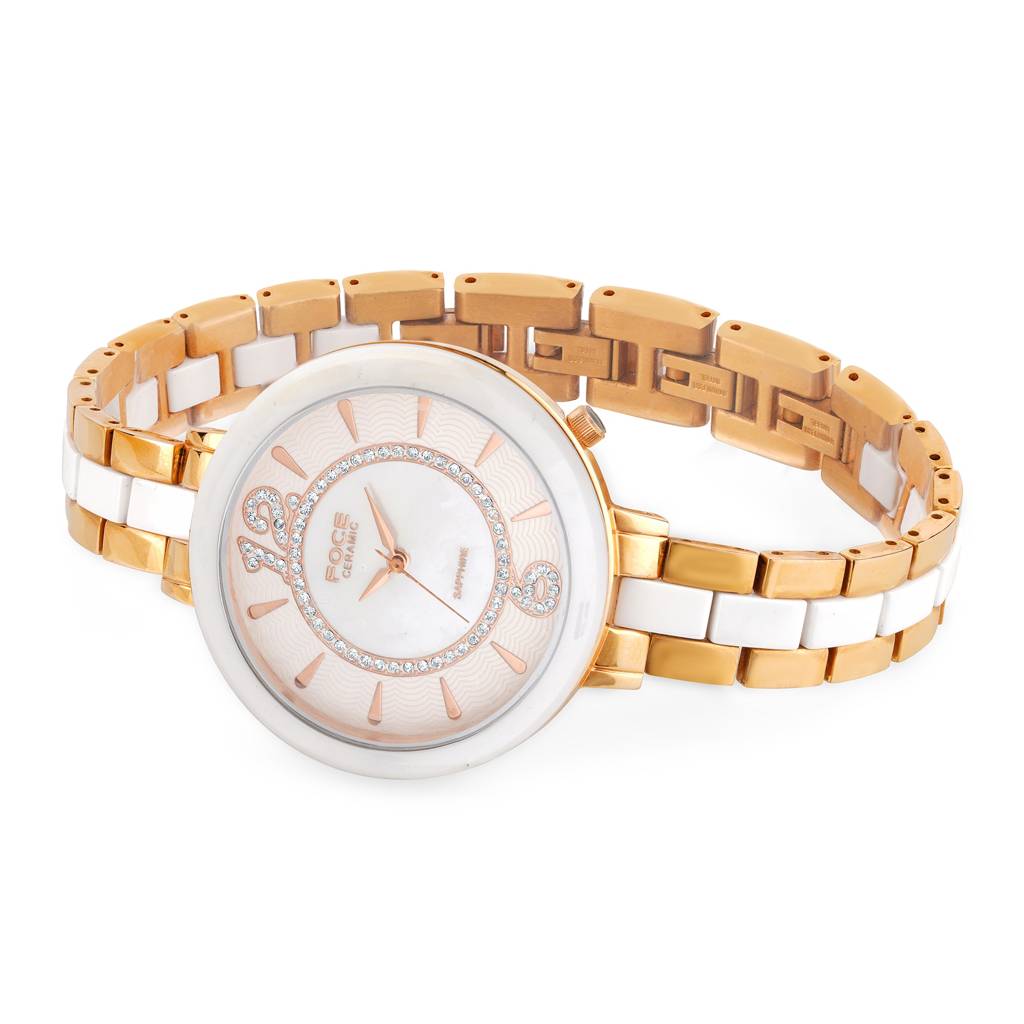 Women'S Premium Round Analog Ceramic Watch With Sapphire Crystal, Ultra-Thin, White Diamond-Studded Dial, Model : F378LRMWHITE