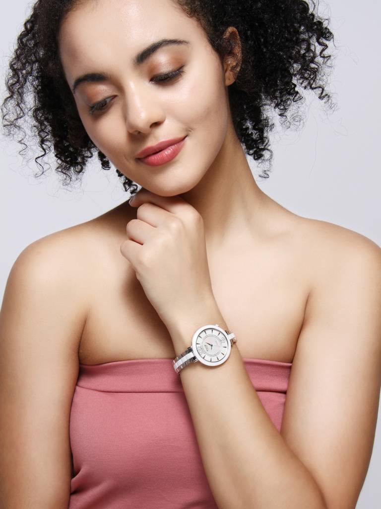 Women'S Premium Round Analog Ceramic Watch With Sapphire Crystal, Ultra-Thin, White Diamond-Studded Dial, Model : F378LSMWHITE