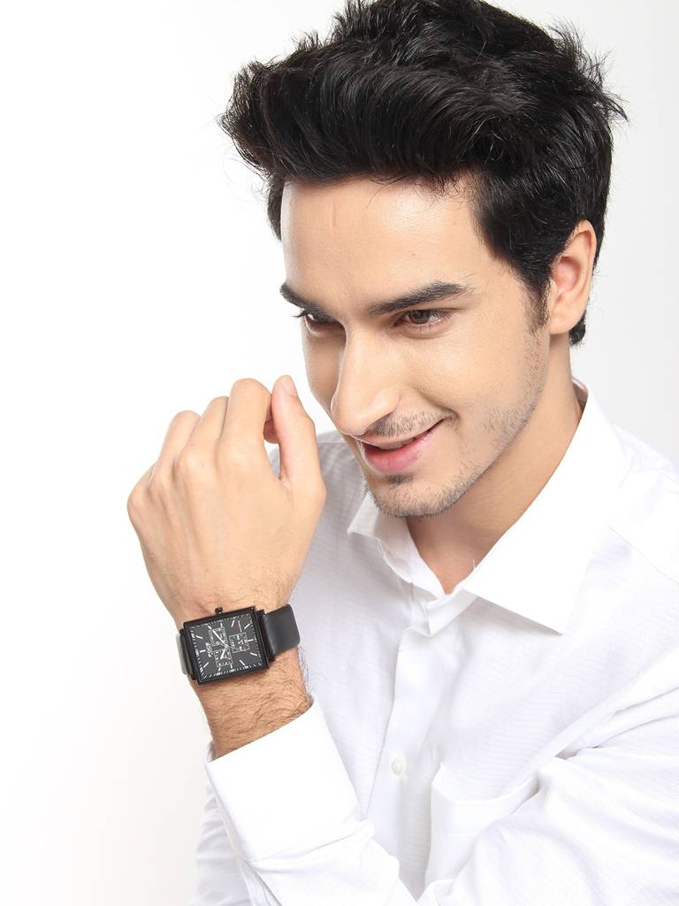 Men'S Sleek Rectangular Watch, Leather Strap, Separate Day, Date, 24 Hour Subdials - Model F722Gbl : F722GBLBLACK