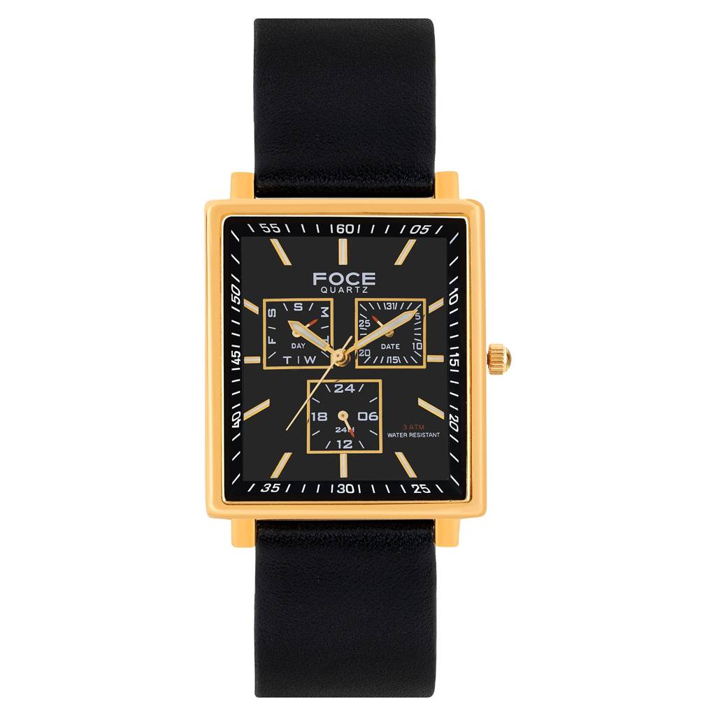 Men'S Sleek Rectangular Watch, Leather Strap, Separate Day, Date, 24 Hour Subdials - Model F722Gbl : F722GRLBLACK