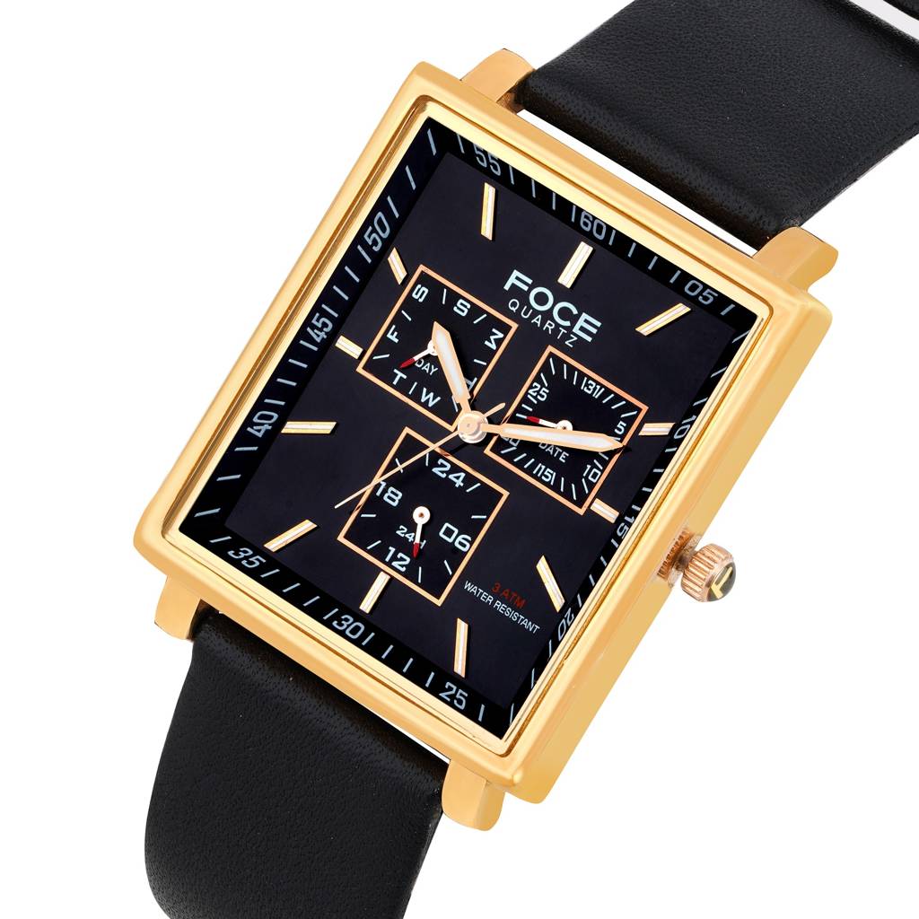 Men'S Sleek Rectangular Watch, Leather Strap, Separate Day, Date, 24 Hour Subdials - Model F722Gbl : F722GRLBLACK