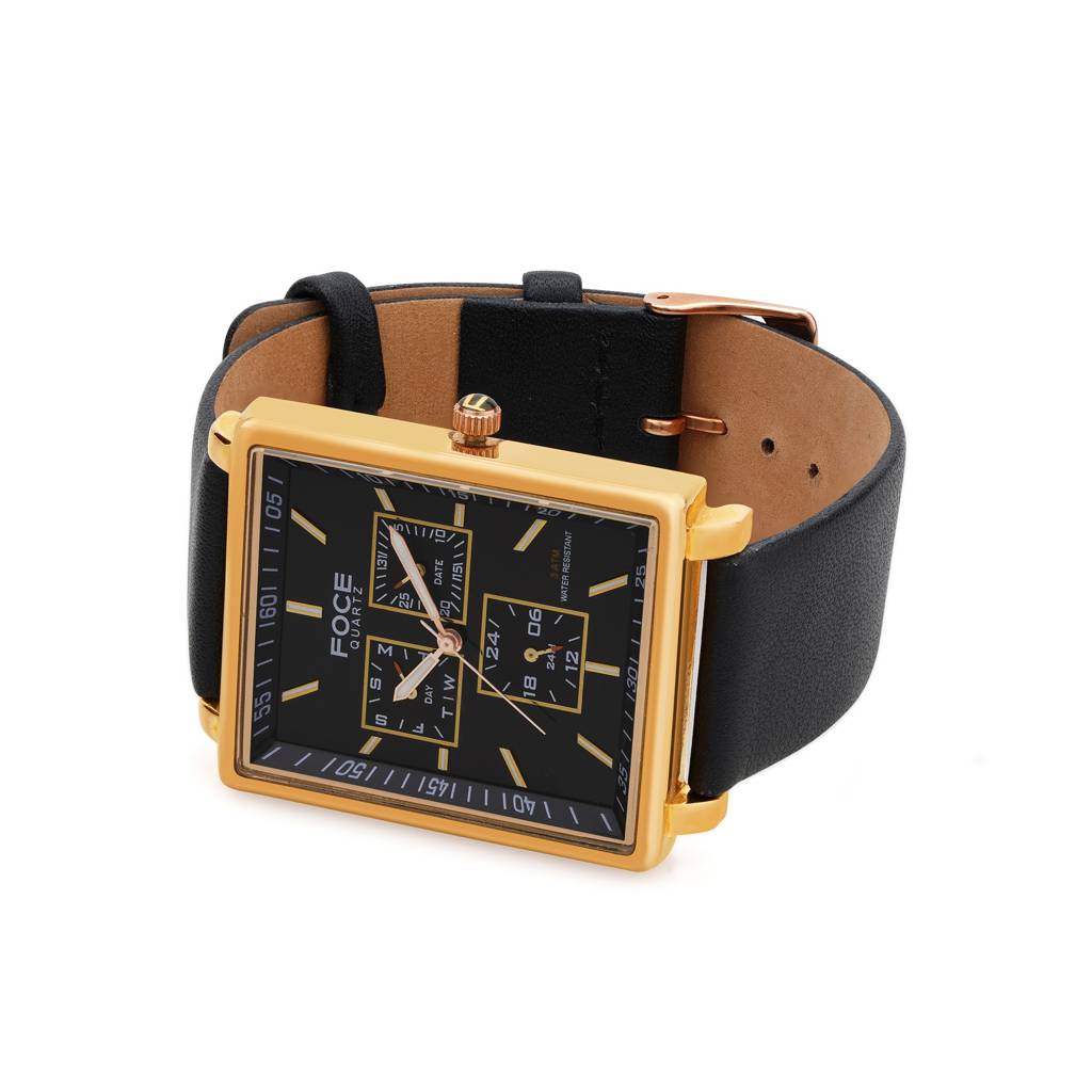Men'S Sleek Rectangular Watch, Leather Strap, Separate Day, Date, 24 Hour Subdials - Model F722Gbl : F722GRLBLACK