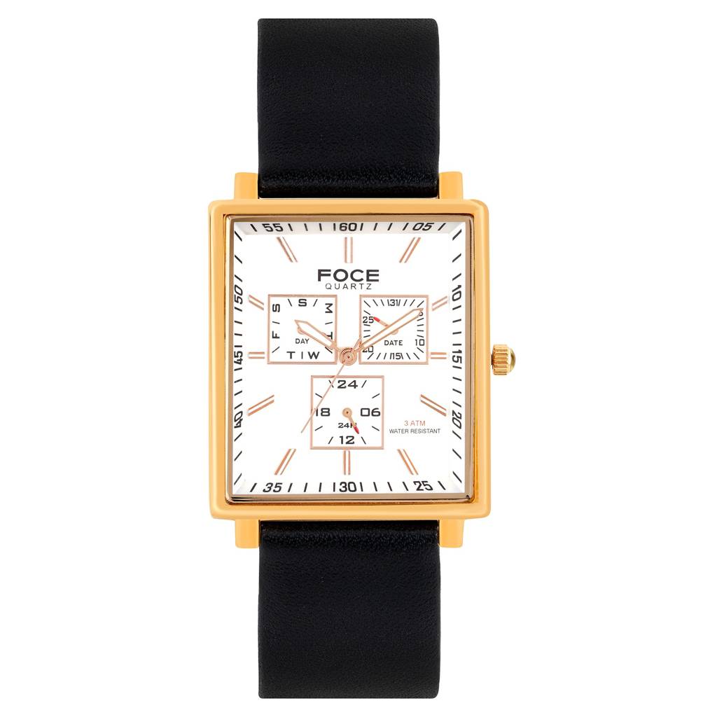 Men'S Sleek Rectangular Watch, Leather Strap, Separate Day, Date, 24 Hour Subdials - Model F722Gbl : F722GRLWHITE