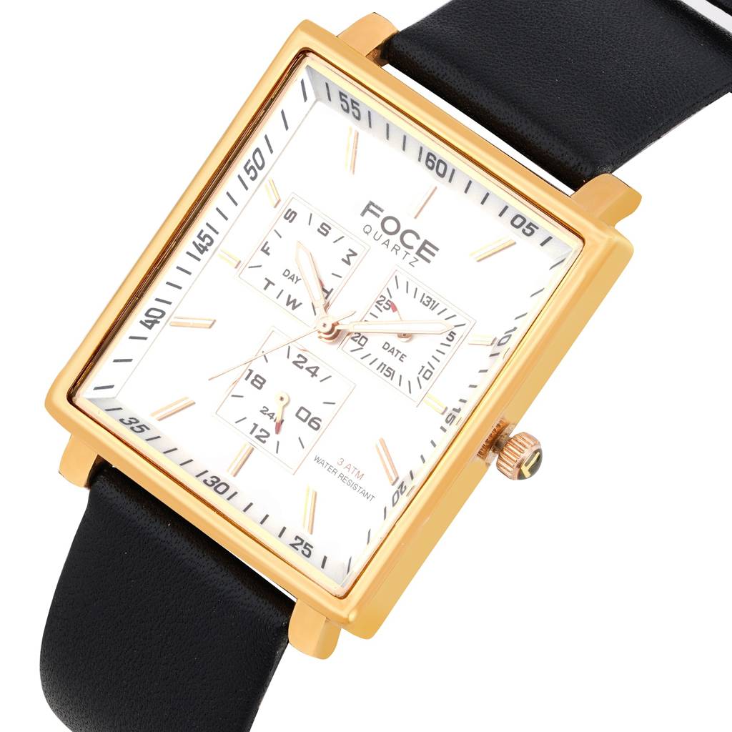 Men'S Sleek Rectangular Watch, Leather Strap, Separate Day, Date, 24 Hour Subdials - Model F722Gbl : F722GRLWHITE
