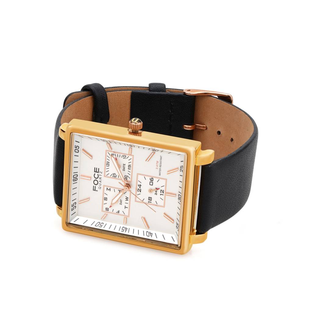 Men'S Sleek Rectangular Watch, Leather Strap, Separate Day, Date, 24 Hour Subdials - Model F722Gbl : F722GRLWHITE