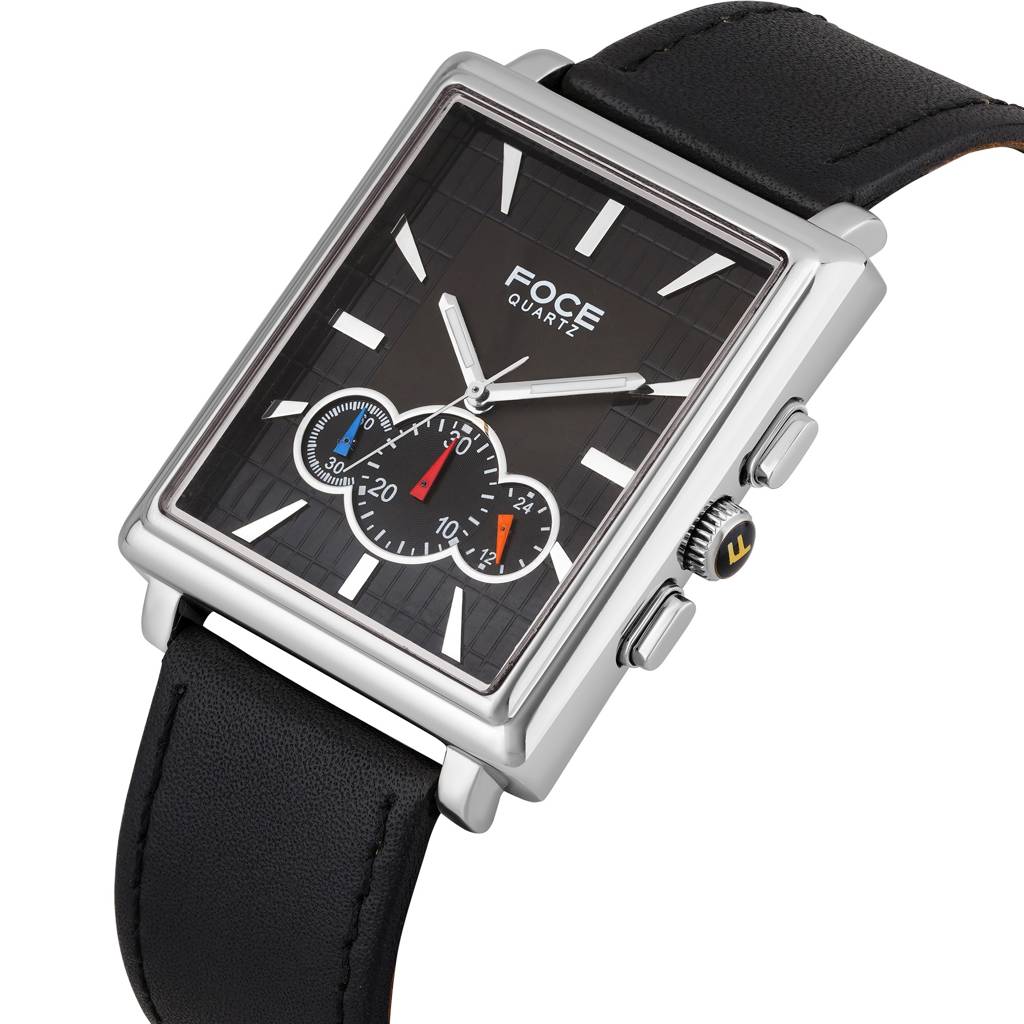 Premium Men'S Square Multifunction Watch With Silver Case, Black Leather Strap, Day, Date, And 24-Hour Subdials : F729GSLBLACK