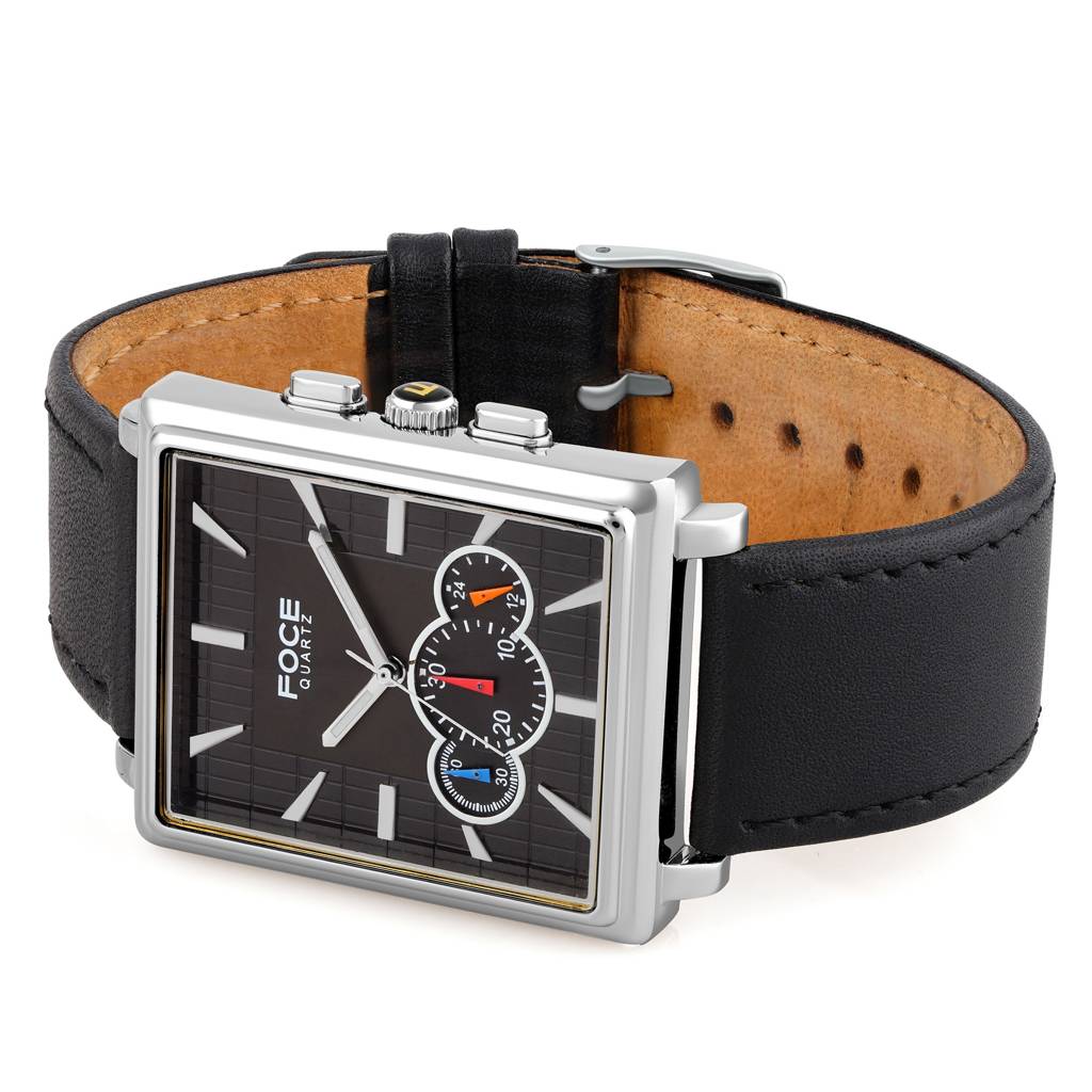 Premium Men'S Square Multifunction Watch With Silver Case, Black Leather Strap, Day, Date, And 24-Hour Subdials : F729GSLBLACK