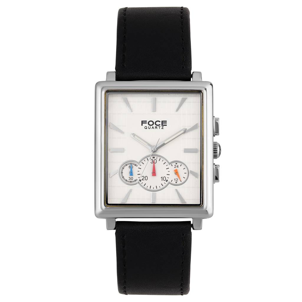 Premium Men'S Square Multifunction Watch With Silver Case, Black Leather Strap, Day, Date, And 24-Hour Subdials : F729GSLWHITE
