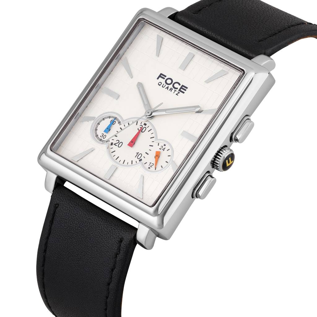 Premium Men'S Square Multifunction Watch With Silver Case, Black Leather Strap, Day, Date, And 24-Hour Subdials : F729GSLWHITE