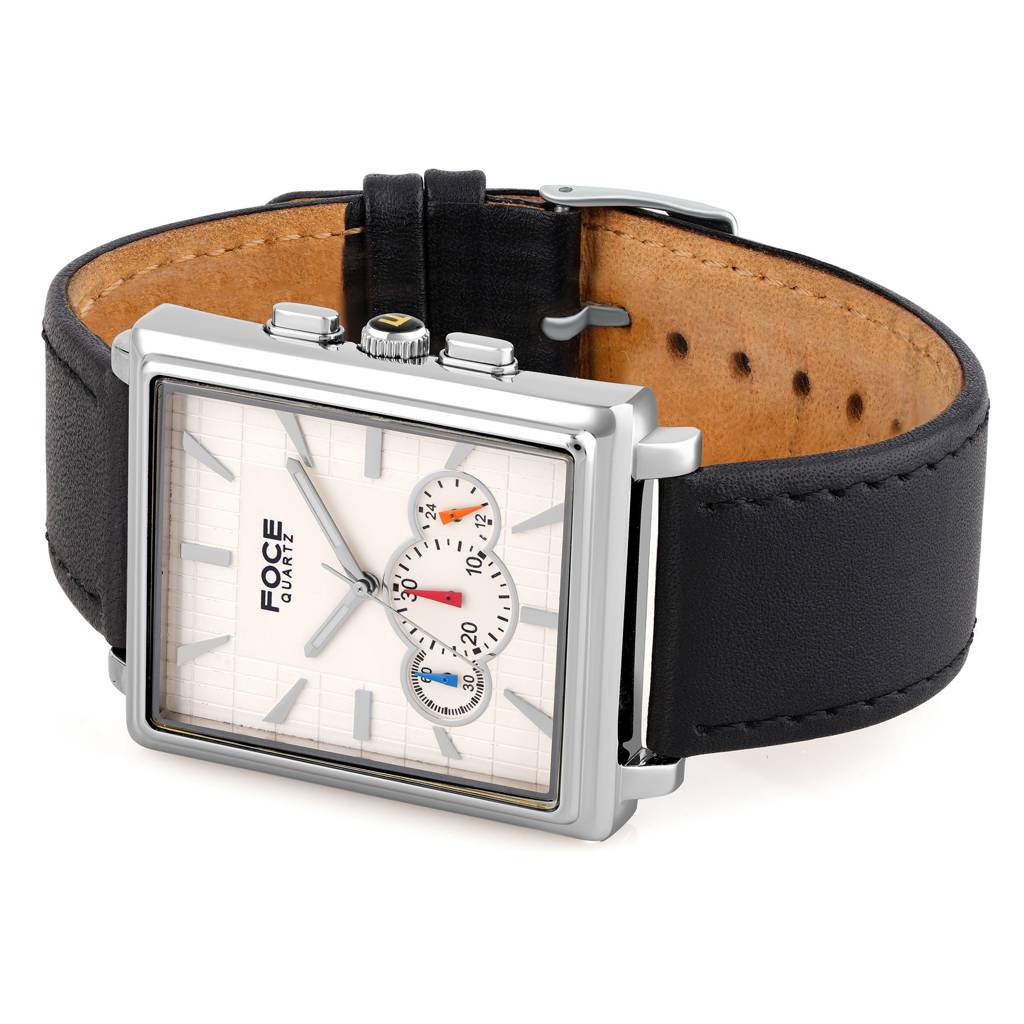 Premium Men'S Square Multifunction Watch With Silver Case, Black Leather Strap, Day, Date, And 24-Hour Subdials : F729GSLWHITE