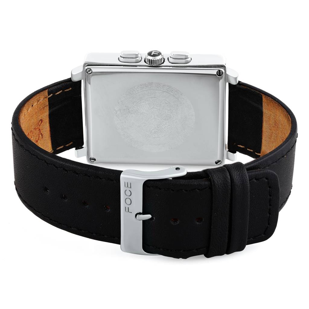 Premium Men'S Square Multifunction Watch With Silver Case, Black Leather Strap, Day, Date, And 24-Hour Subdials : F729GSLWHITE