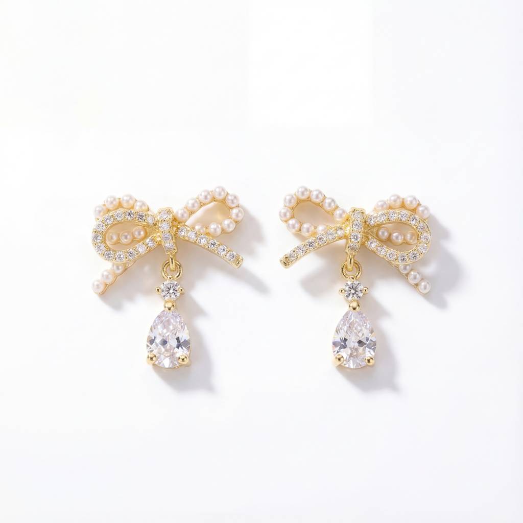 Korean Bow Earrings With Teardrop  Charms : YUFSER241