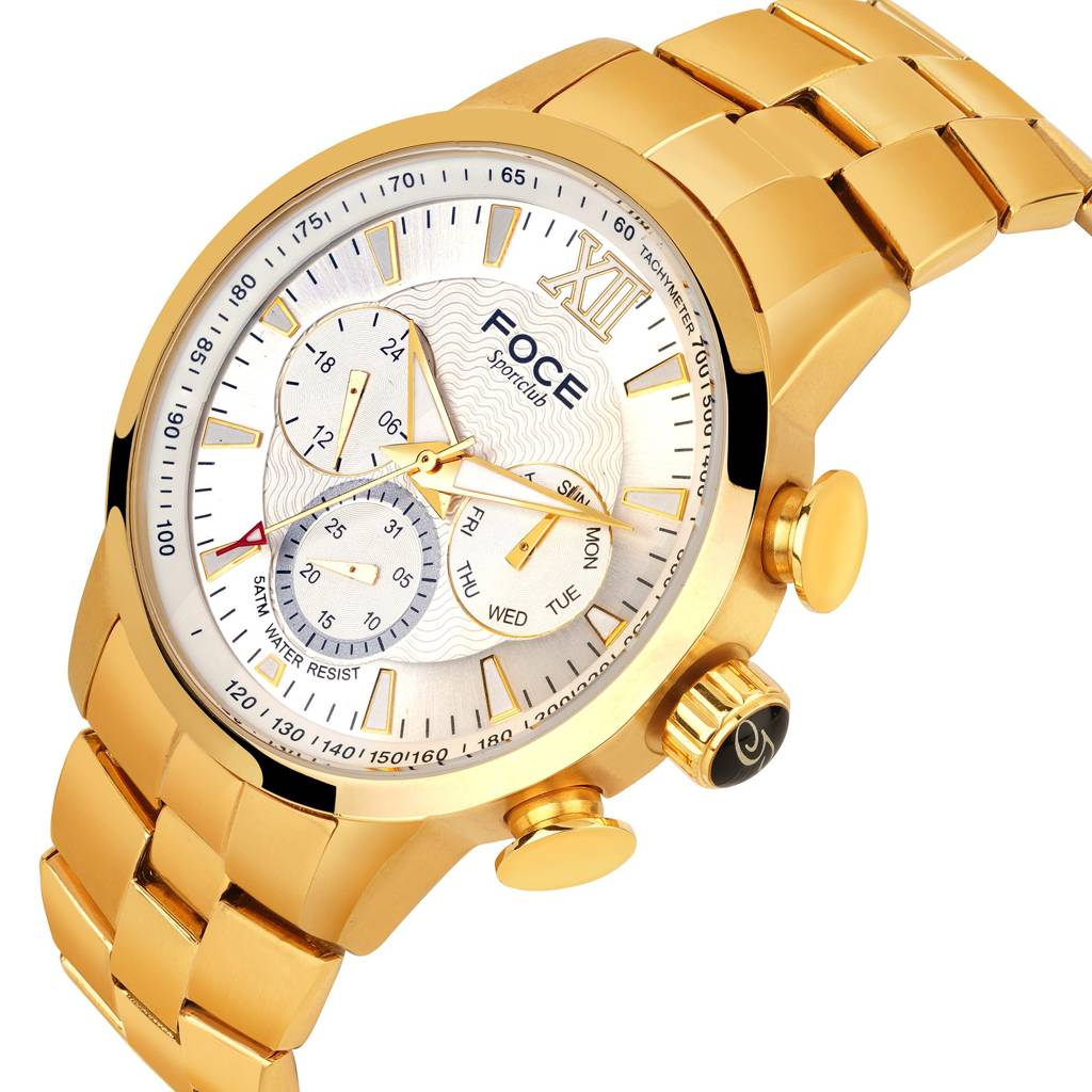 Men'S Round Chronograph Premium Gold Watch, Silver/Grey Dial, Metal Strap, Day, Date & 24-Hour Sub-Dials, 5Atm W : F914GGMGOLD