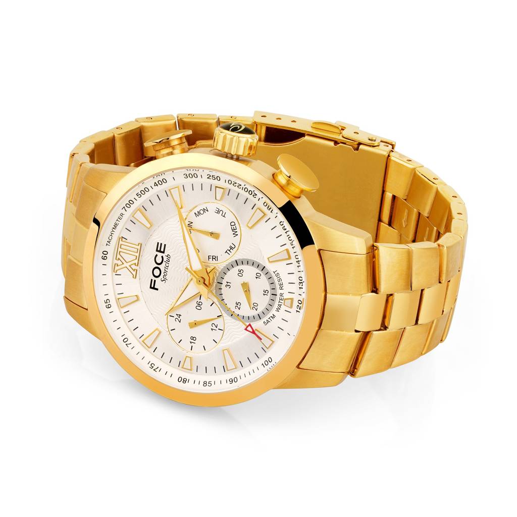 Men'S Round Chronograph Premium Gold Watch, Silver/Grey Dial, Metal Strap, Day, Date & 24-Hour Sub-Dials, 5Atm W : F914GGMGOLD