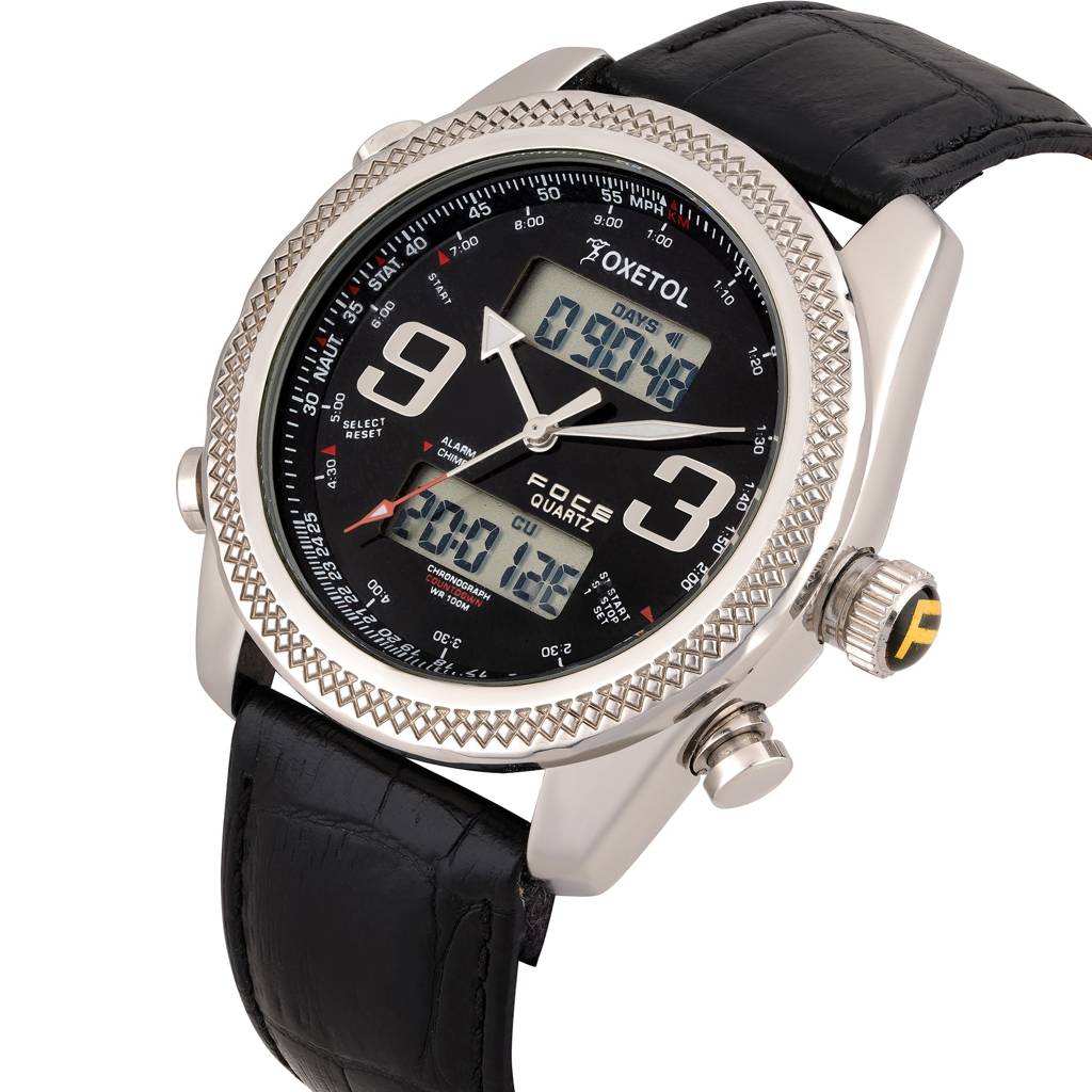 Men'S Analog-Digital Chronograph Sport Watch – Black Dial, (Ana Digi) Silver Stainless Steel Case, Genuine Leat : F924GSLBLACK