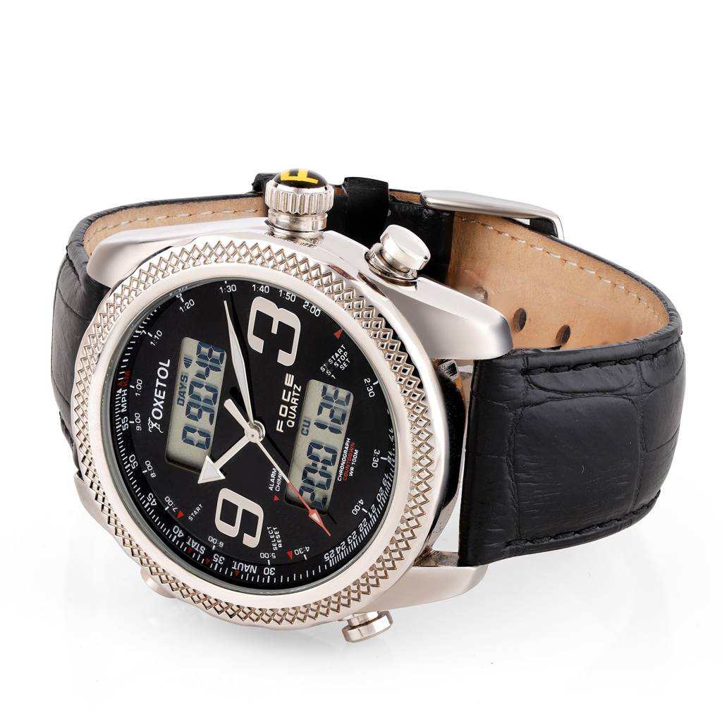Men'S Analog-Digital Chronograph Sport Watch – Black Dial, (Ana Digi) Silver Stainless Steel Case, Genuine Leat : F924GSLBLACK