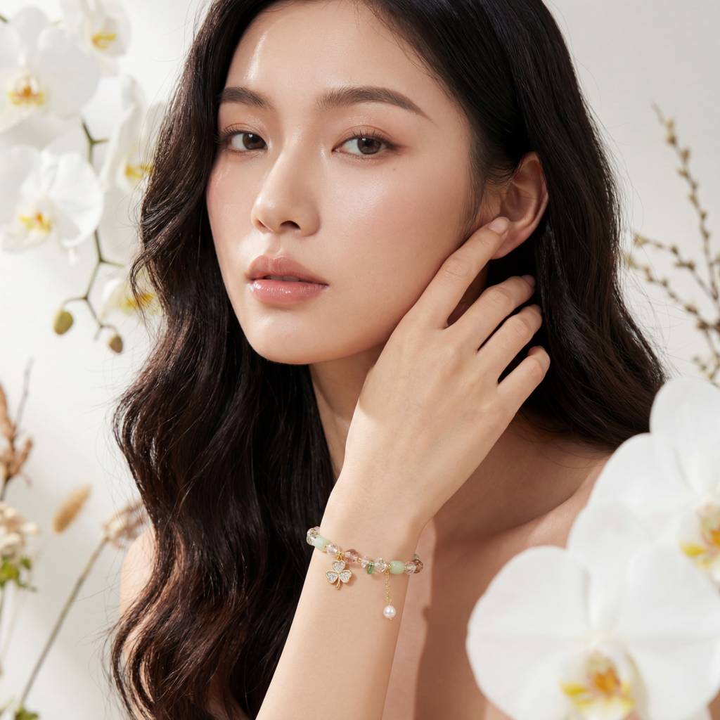 Korean Pastel Meadow Clover & Pearl Charm Bracelet : YUFSBR219