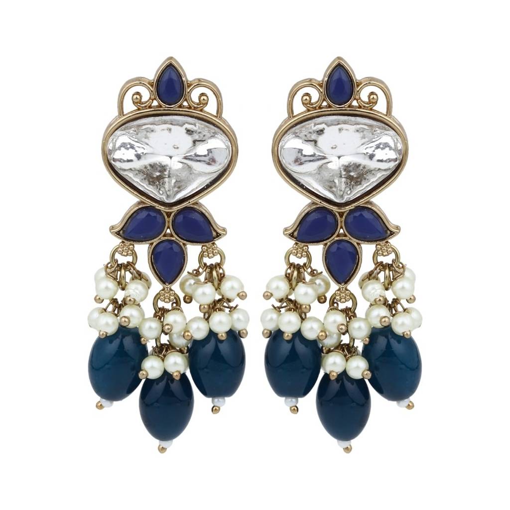 Gold Plated Kundan & Pearl Drop Earrings : S24FAER410BLU