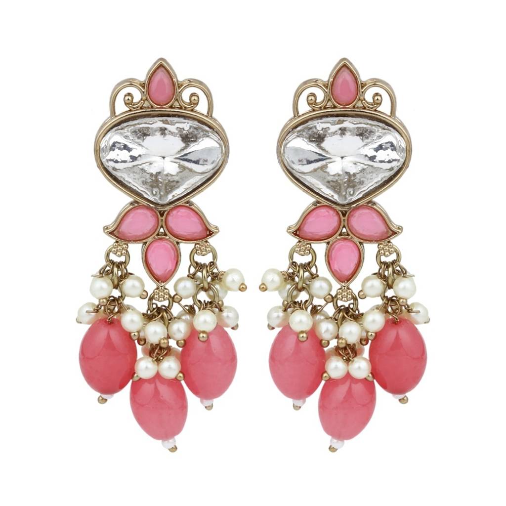 Gold Plated Kundan & Pearl Drop Earrings : S24FAER410PNK