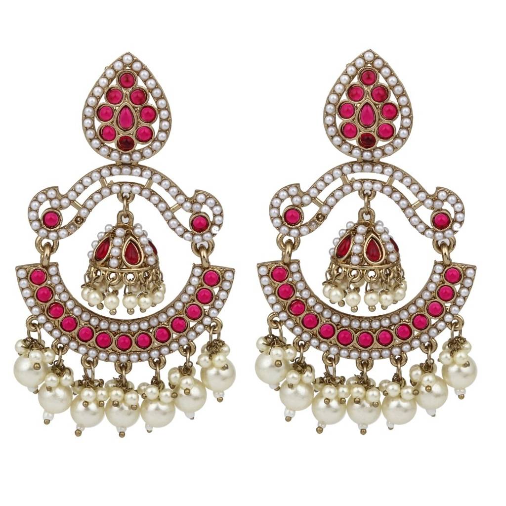 Gold Plated Stone & Beads Chandbali Earring : S24KCER438RED