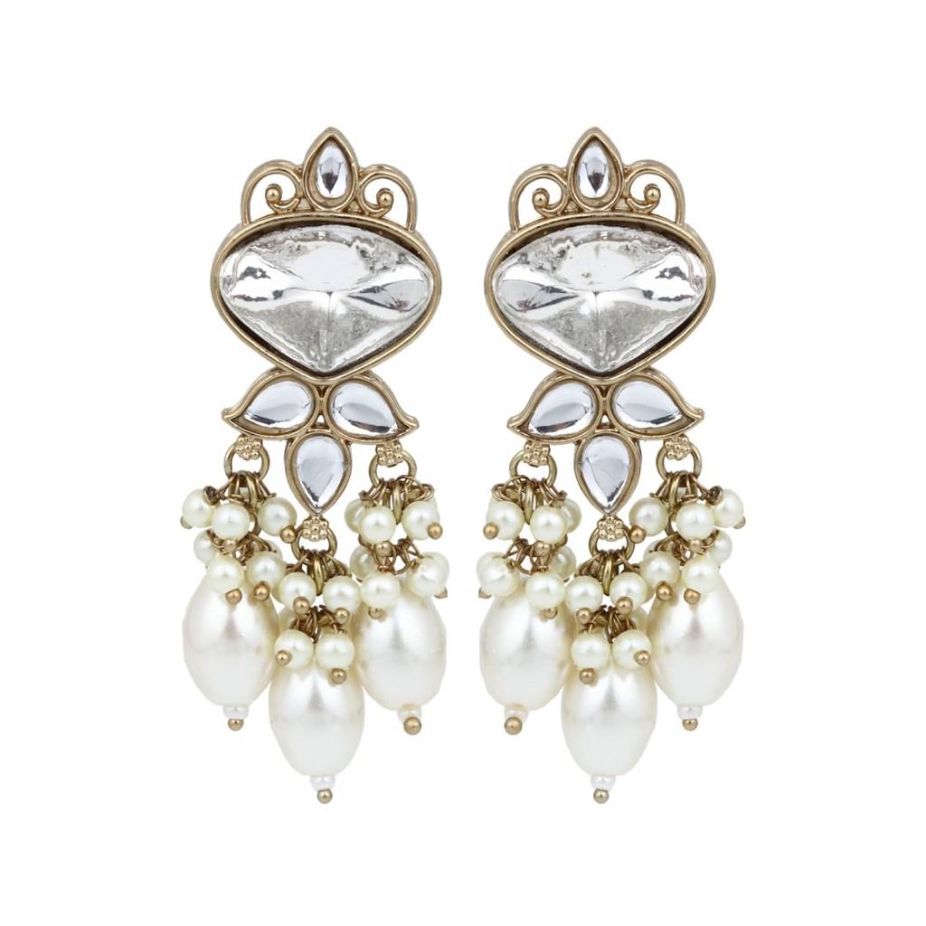 Gold Plated Kundan & Pearl Drop Earrings : S24FAER410WHT