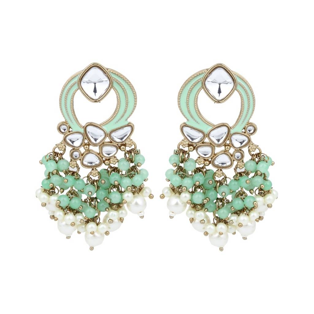 Gold-Plated Meenakari Stud Earrings With Kundan & Pearl Cluster Drops : S24FAER408SGR