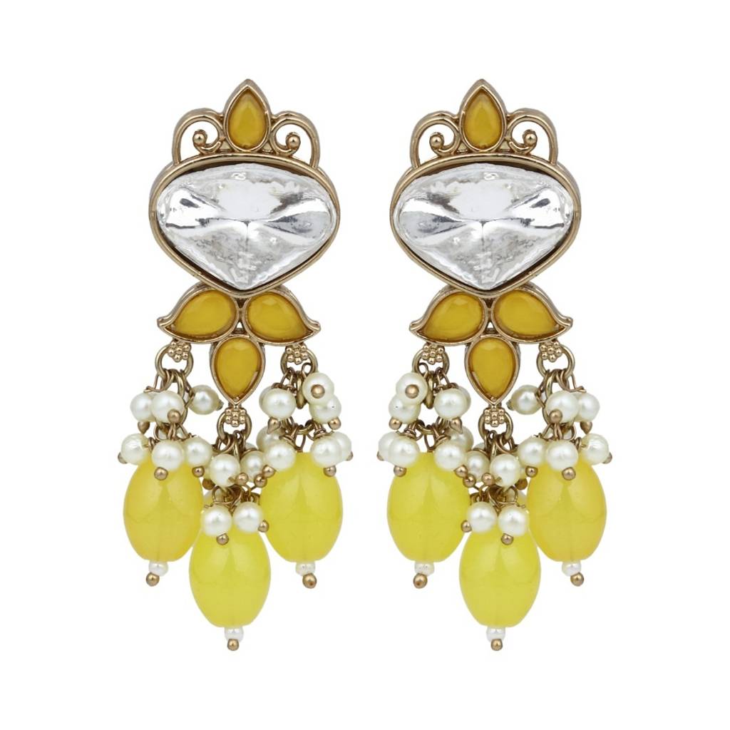 Gold Plated Kundan & Pearl Drop Earrings : S24FAER410YLW