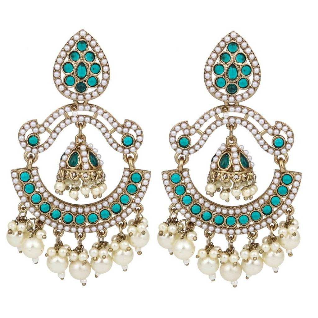 Gold Plated Stone & Beads Chandbali Earring : S24KCER438GRN