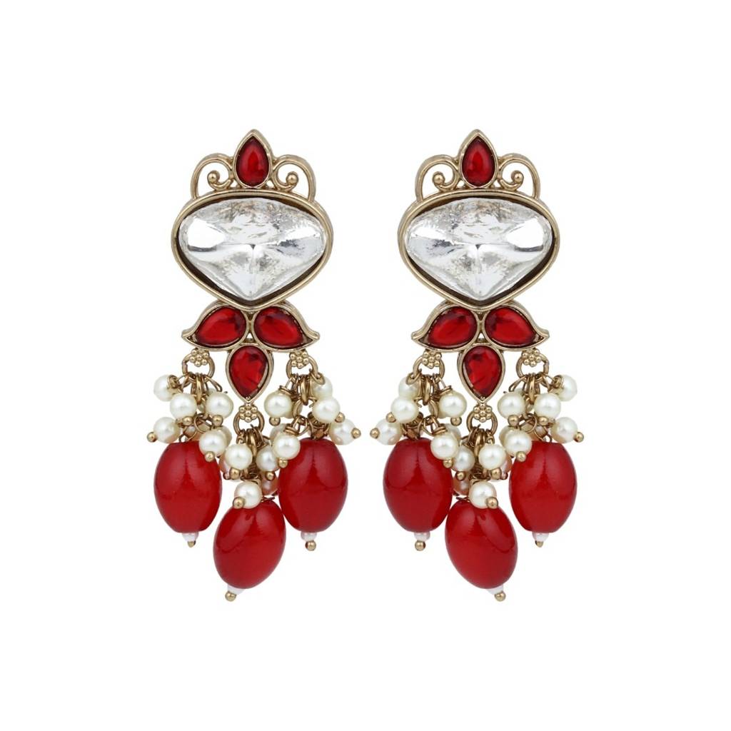 Gold Plated Kundan & Pearl Drop Earrings : S24FAER410RED