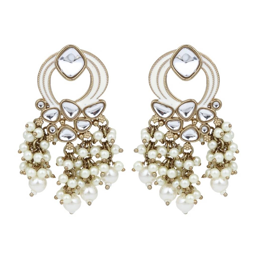 Gold-Plated Meenakari Stud Earrings With Kundan & Pearl Cluster Drops : S24FAER408WHT