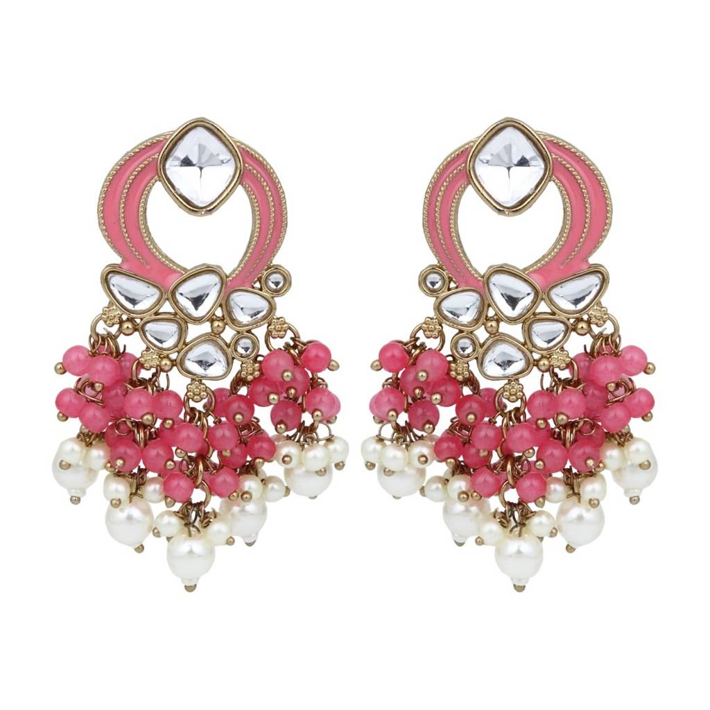 Gold-Plated Meenakari Stud Earrings With Kundan & Pearl Cluster Drops : S24FAER408PNK