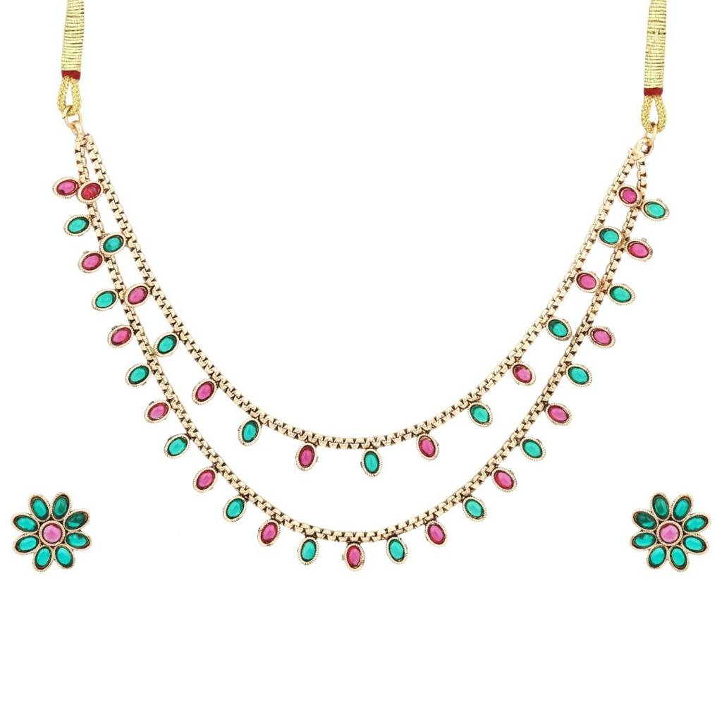 Gold Plated Delicate Double Layered Necklace Set : S24MRNKS485MLT
