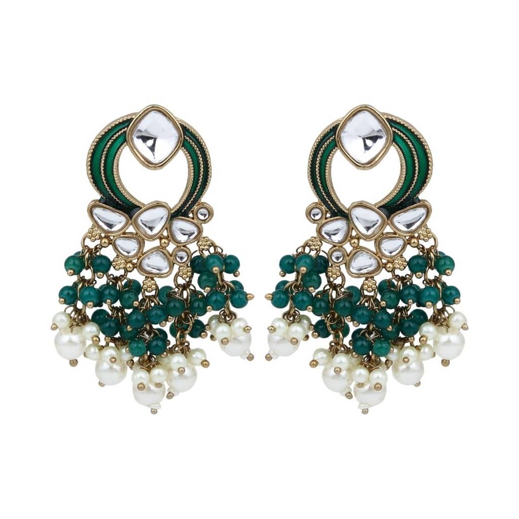 Gold-Plated Meenakari Stud Earrings With Kundan & Pearl Cluster Drops : S24FAER408GRN