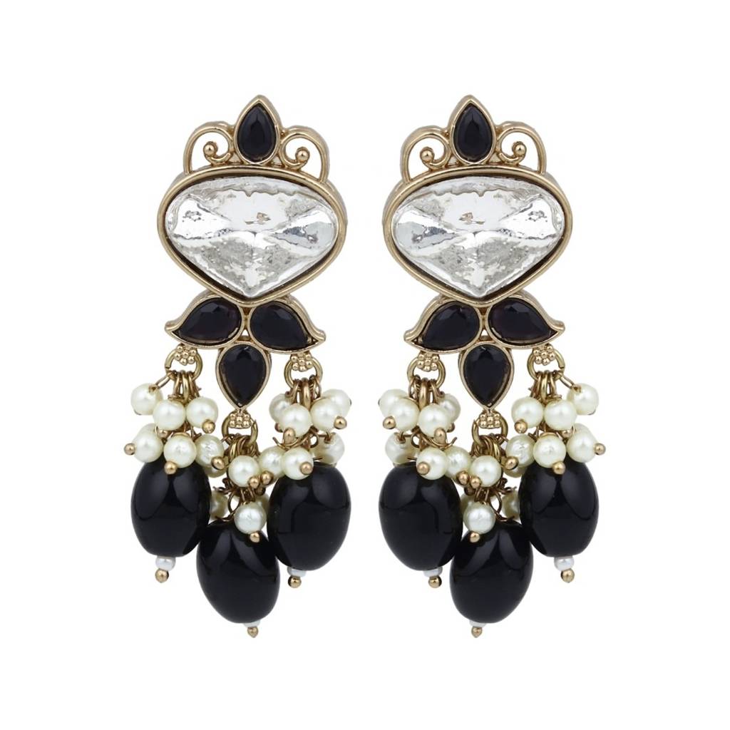 Gold Plated Kundan & Pearl Drop Earrings : S24FAER410BLK