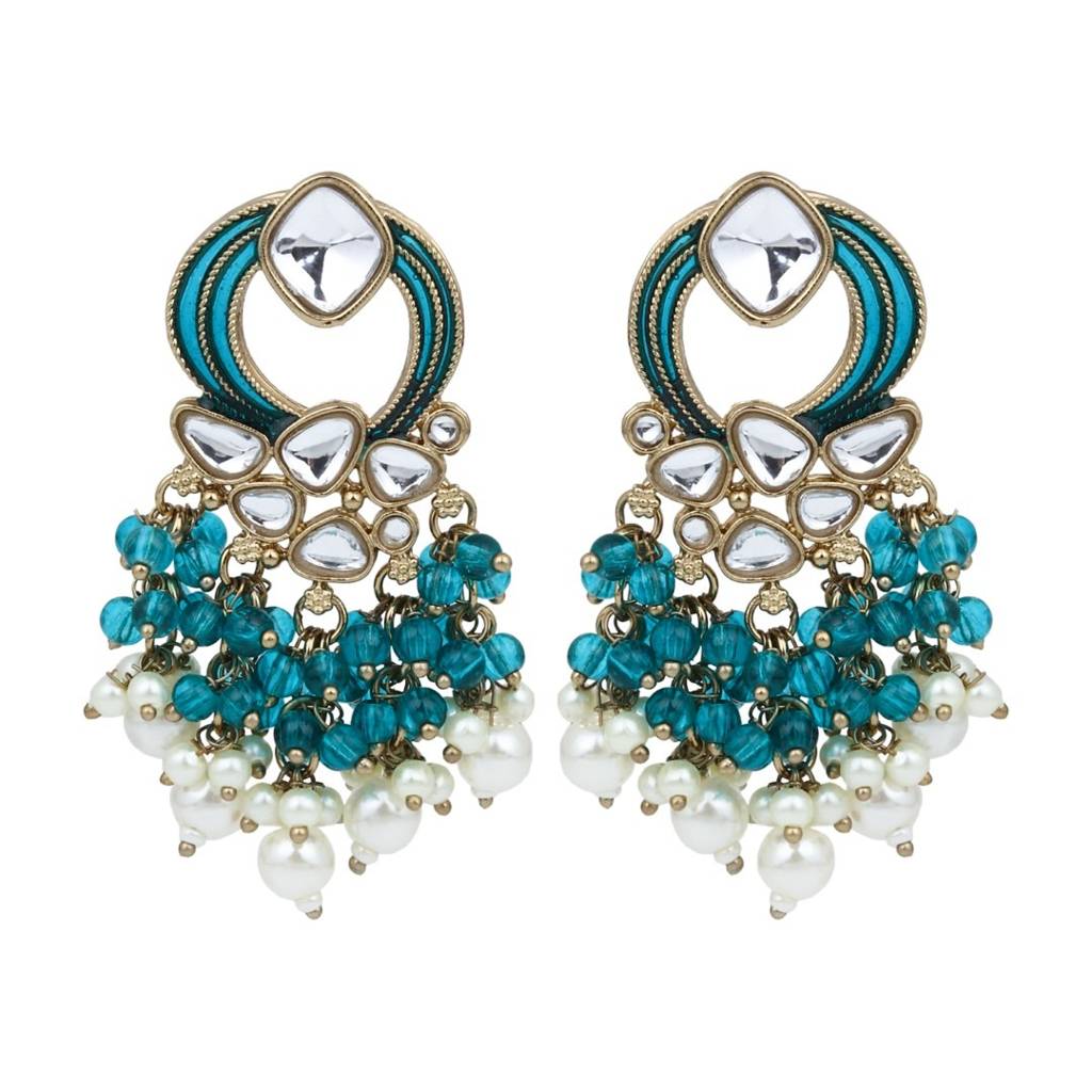 Gold-Plated Meenakari Stud Earrings With Kundan & Pearl Cluster Drops : S24FAER408TEA