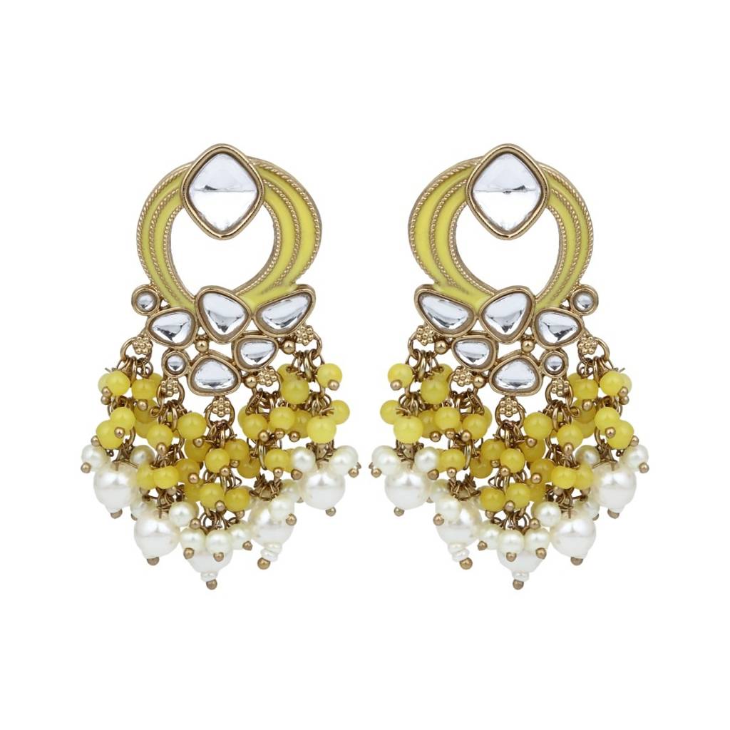 Gold-Plated Meenakari Stud Earrings With Kundan & Pearl Cluster Drops : S24FAER408YLW